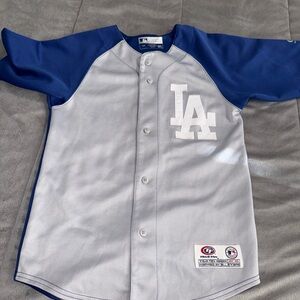 LA Dodgers True fan Kids Baseball button up Jersey Gray & Blue Sleeves Sz S